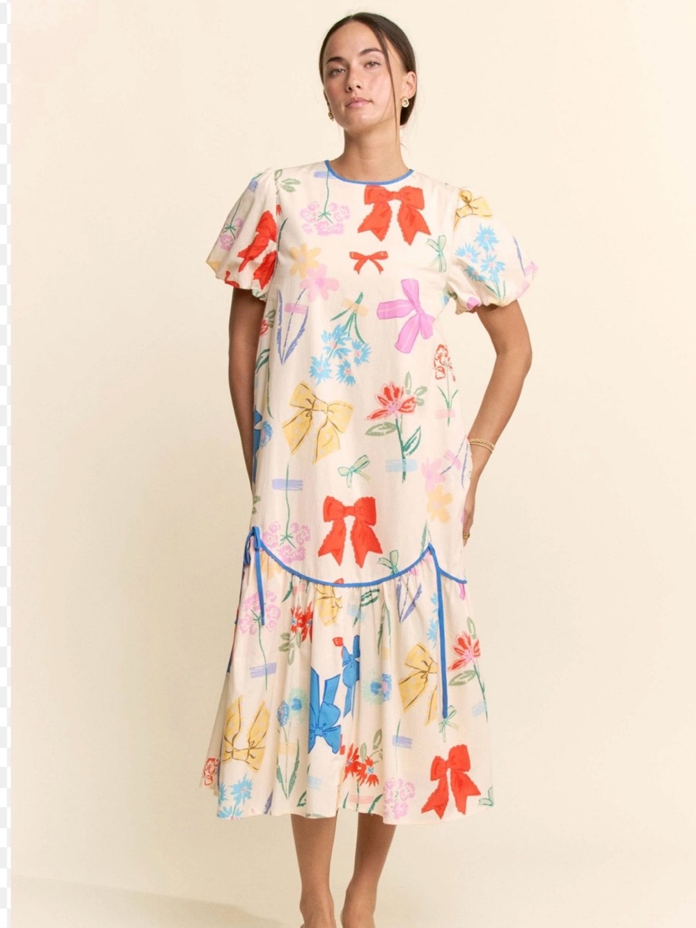 NWOT - DAVI & DANI Cream Midi Dress with Multicolor Bow & Floral Print 1X